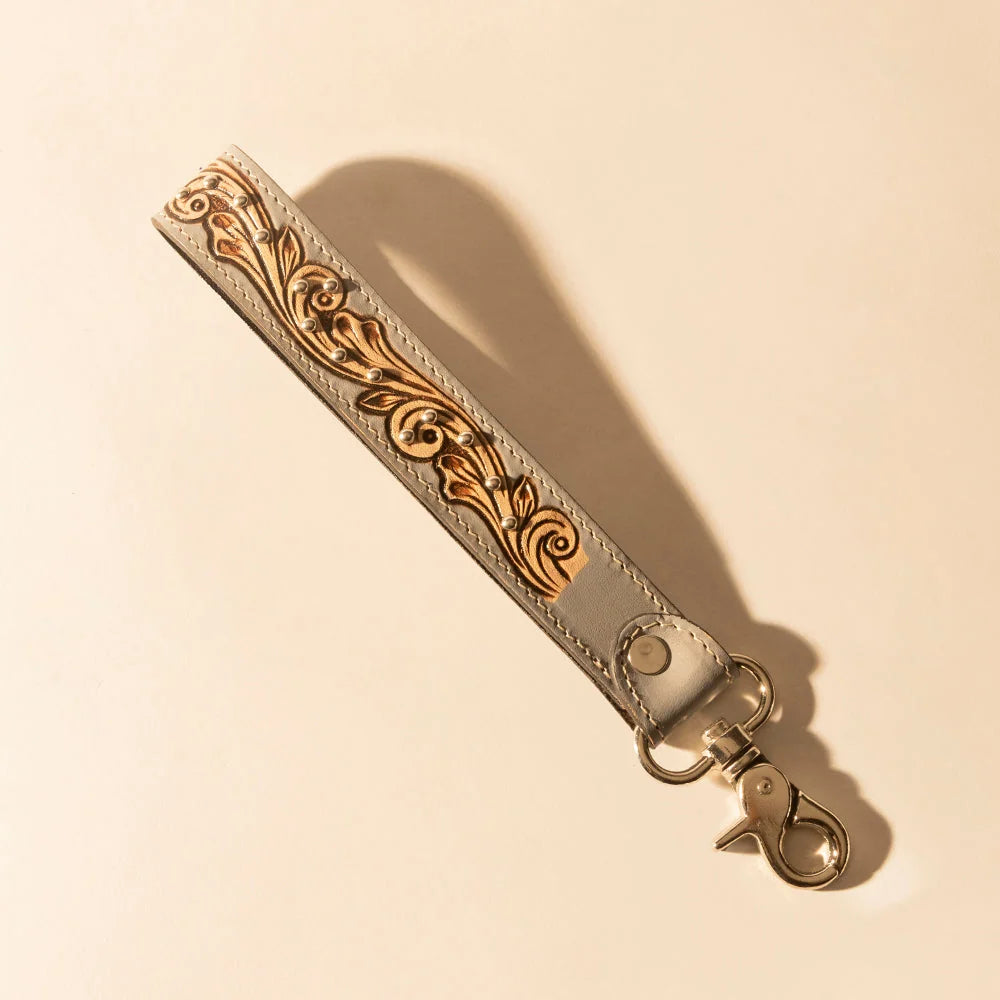 Myra Wildhue Western Key Fob in Grey with Handtooled Floral Detail
