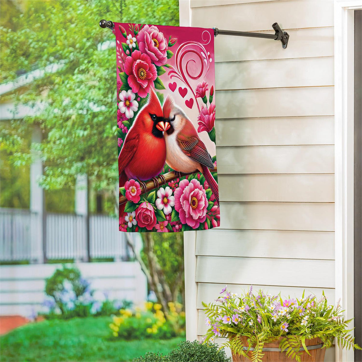 Evergreen Cardinal Lovers Suede House Flag