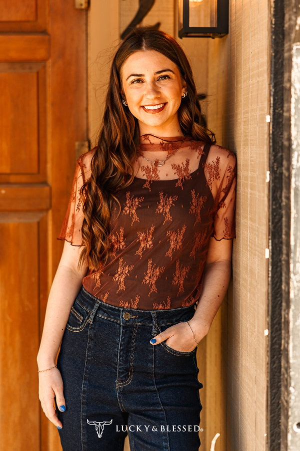 Lucky & Blessed Lace Short Sleeve Stretch Top Brown
