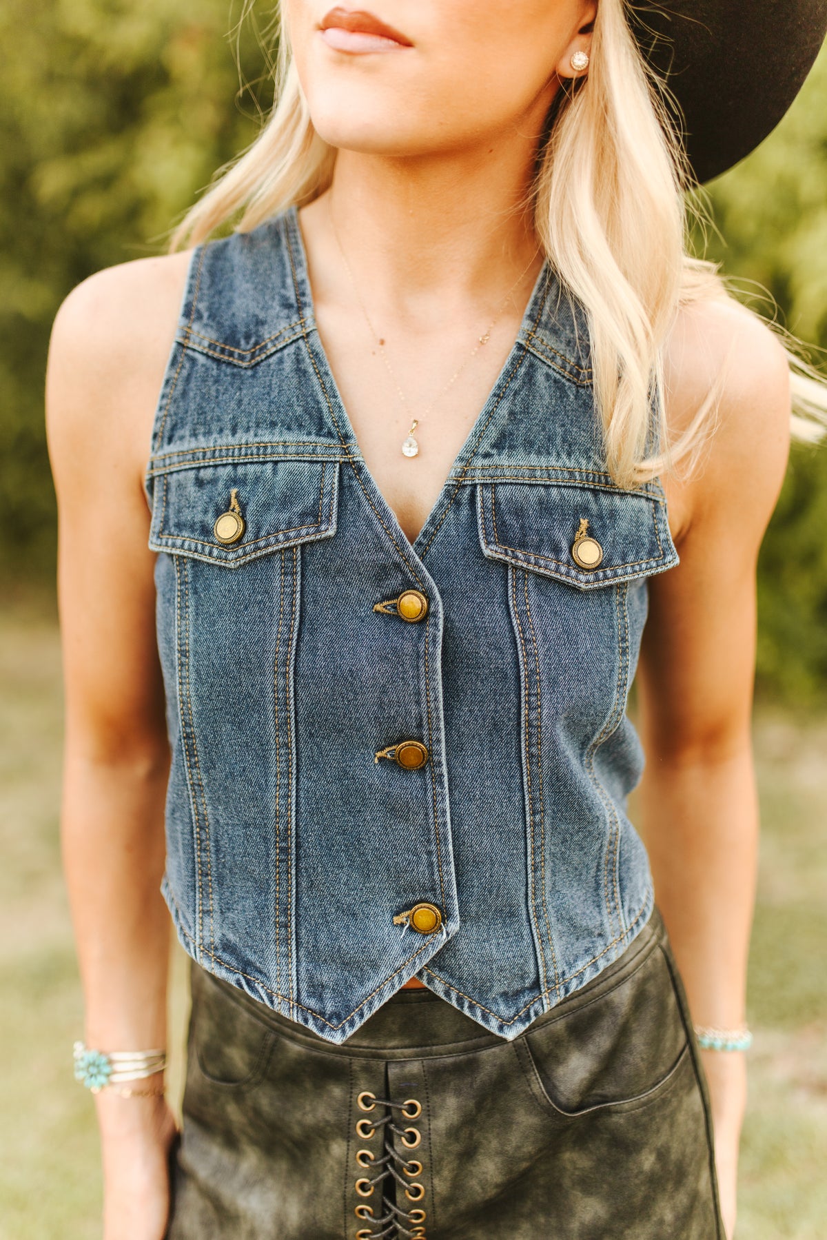 Lucky & Blessed Classic Mid Wash Button Down Denim Vest