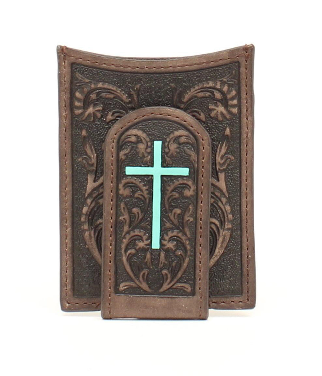 Ariat Brown Embossed Turquoise Cross Money Clip