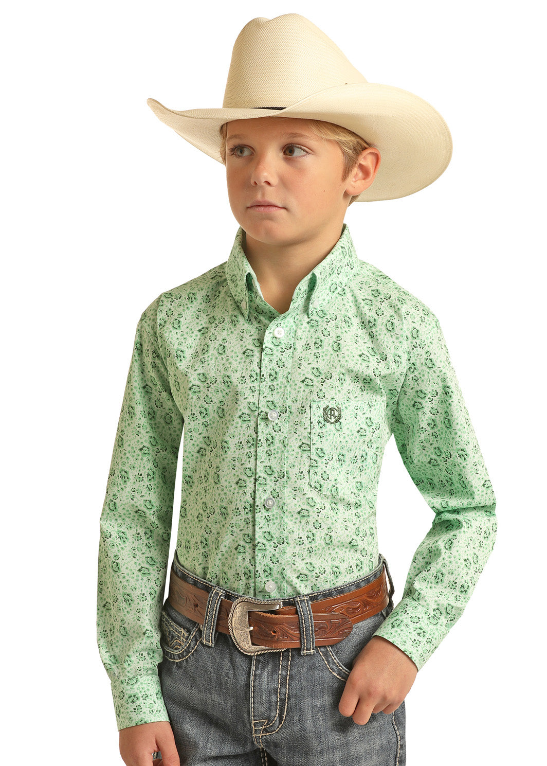 Panhandle Print LS Snap Mint Chip
