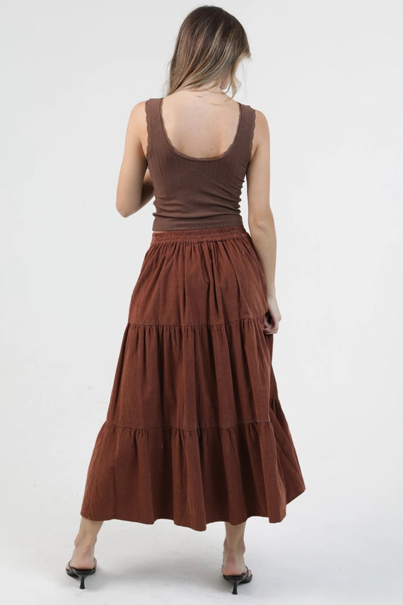 Angie Cord Corduroy Acid Wash Maxi Skirt Brown