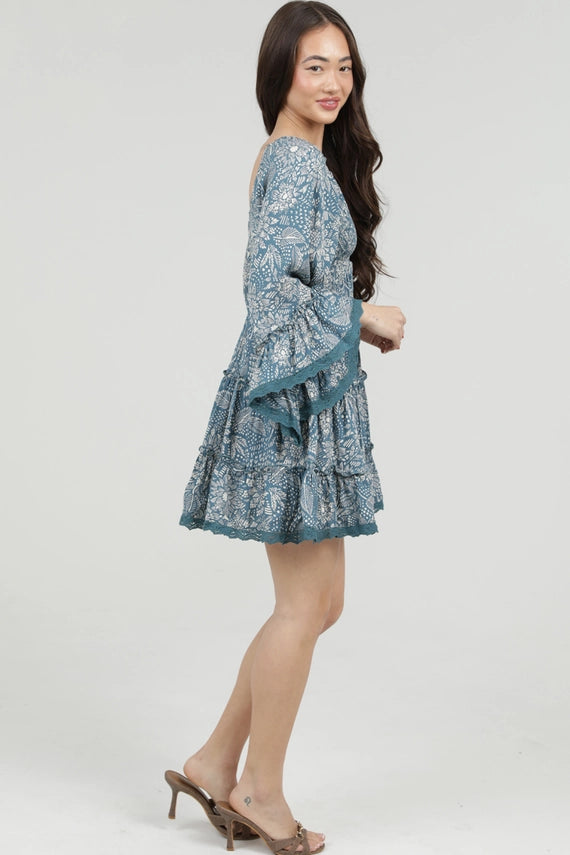 Angie V-Neck Smocked Bust Flare Bell Sleeve Dress Blue