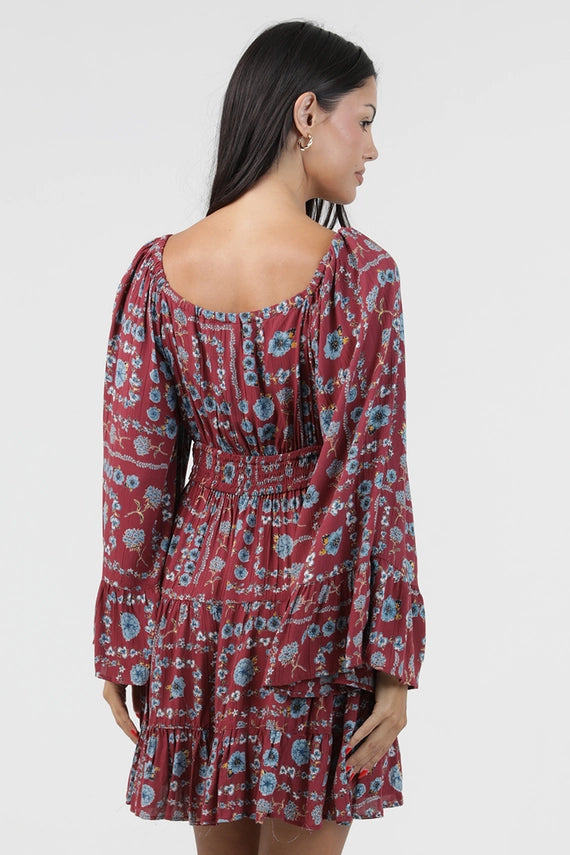 Angie Silver Lurex Bell Sleeve Dress Wine