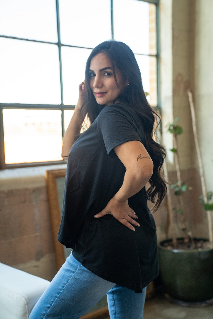 Lucky & Blessed Short Sleeve Hi-Low Hem Top Black