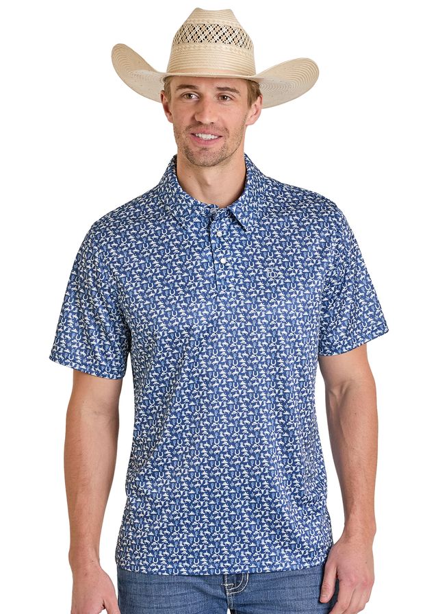 Rock & Roll Mens Short Sleeve Snap Polo Blue Print
