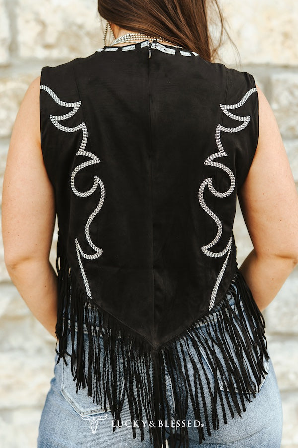 Lucky & Blessed Suede Boot Stitch Embroidered Tank with Fringe Hem Black