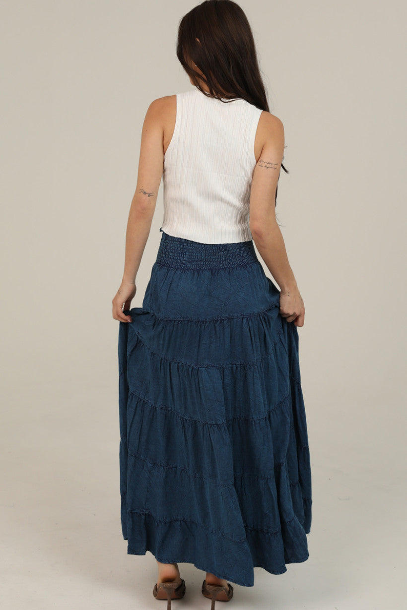 Angie Tiered Skirt with Smocked Waist Navy