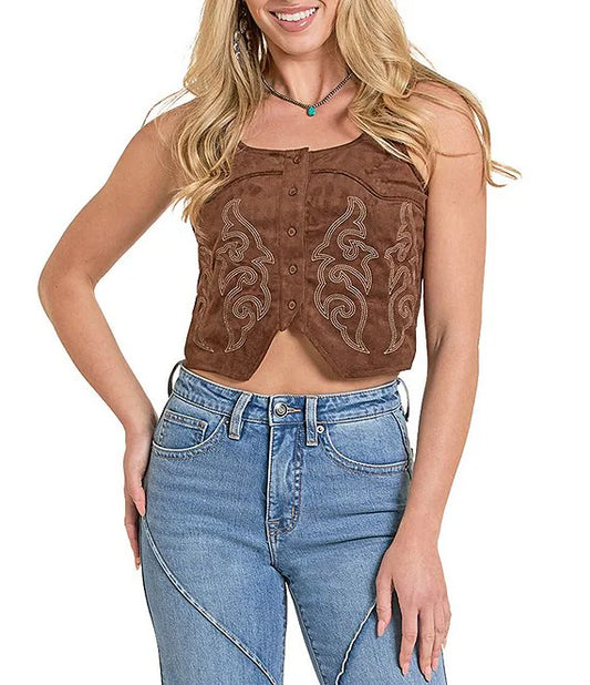 Rock & Roll Embroidered Microsuede Top Brown