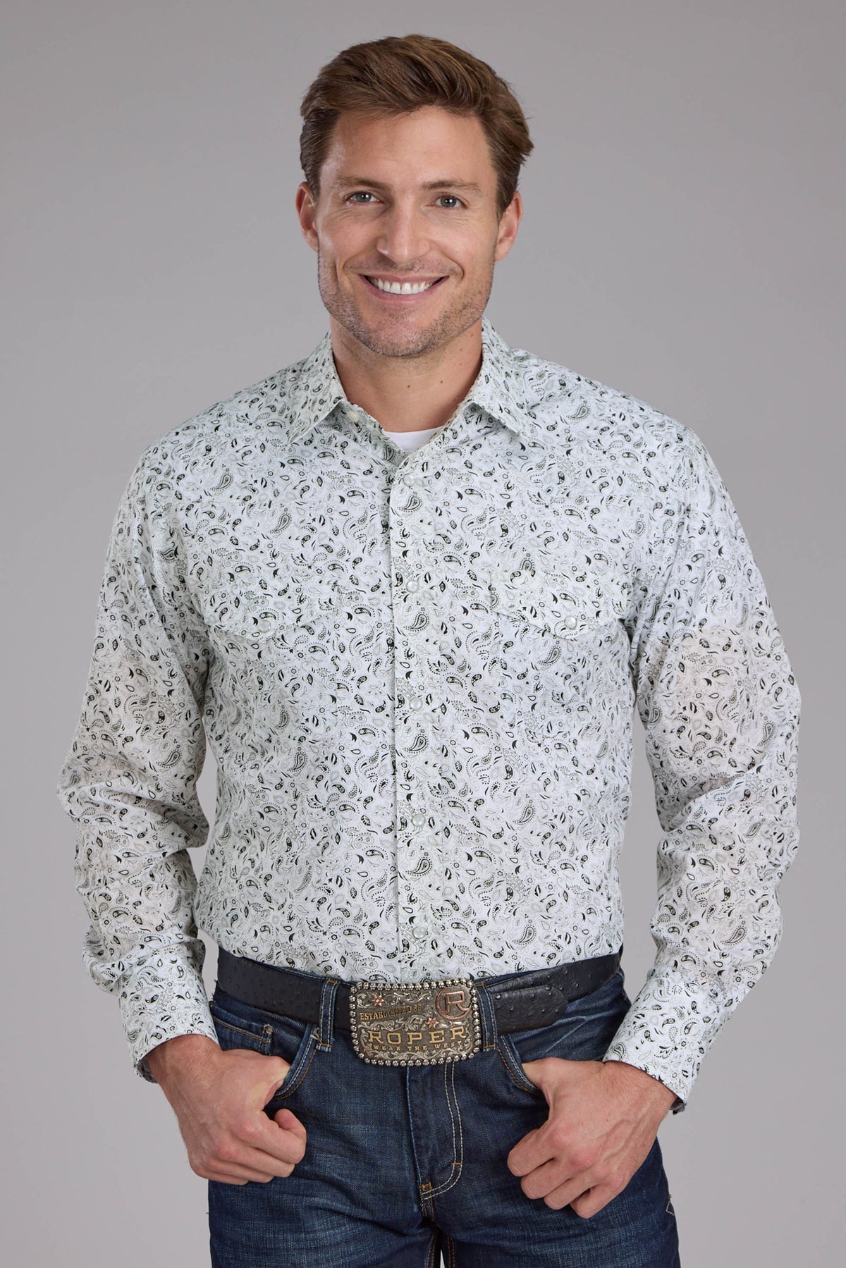 Roper Long Sleeve Snap Shirt White and Black Paisley