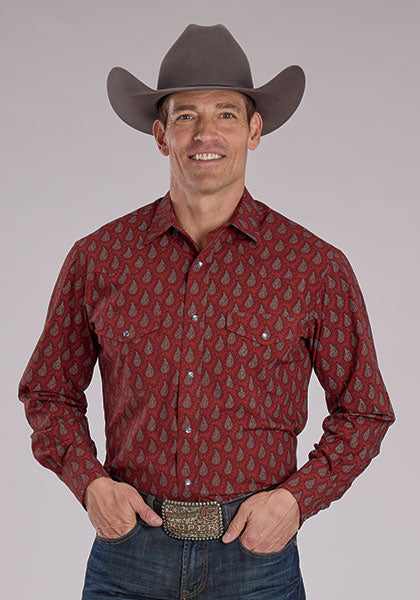 Roper Brick Red/Grey/Black Paisley Print Long Sleeve Snap Shirt