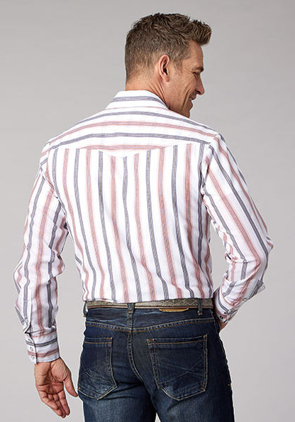 Roper LS White/Blue/Coral Stripe