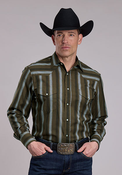 Roper Mens Olive/Black/Grey Striped Long Sleeve Snap Shirt