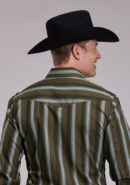 Roper Mens Olive/Black/Grey Striped Long Sleeve Snap Shirt