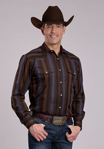 Roper Yarn Dyed Vertical Stripe Long Sleeve Snap Shirt Brown