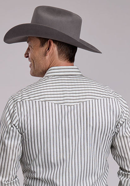 Roper Yarn Dyed Cream & Grey Striped Long S\leeve Snap Shirt