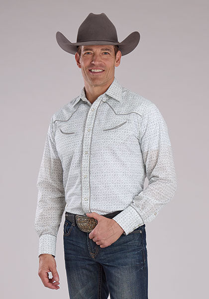 Roper Retro Piped Fancy Yoke Grey/White Floral Print Long Sleeve Snap Shirt