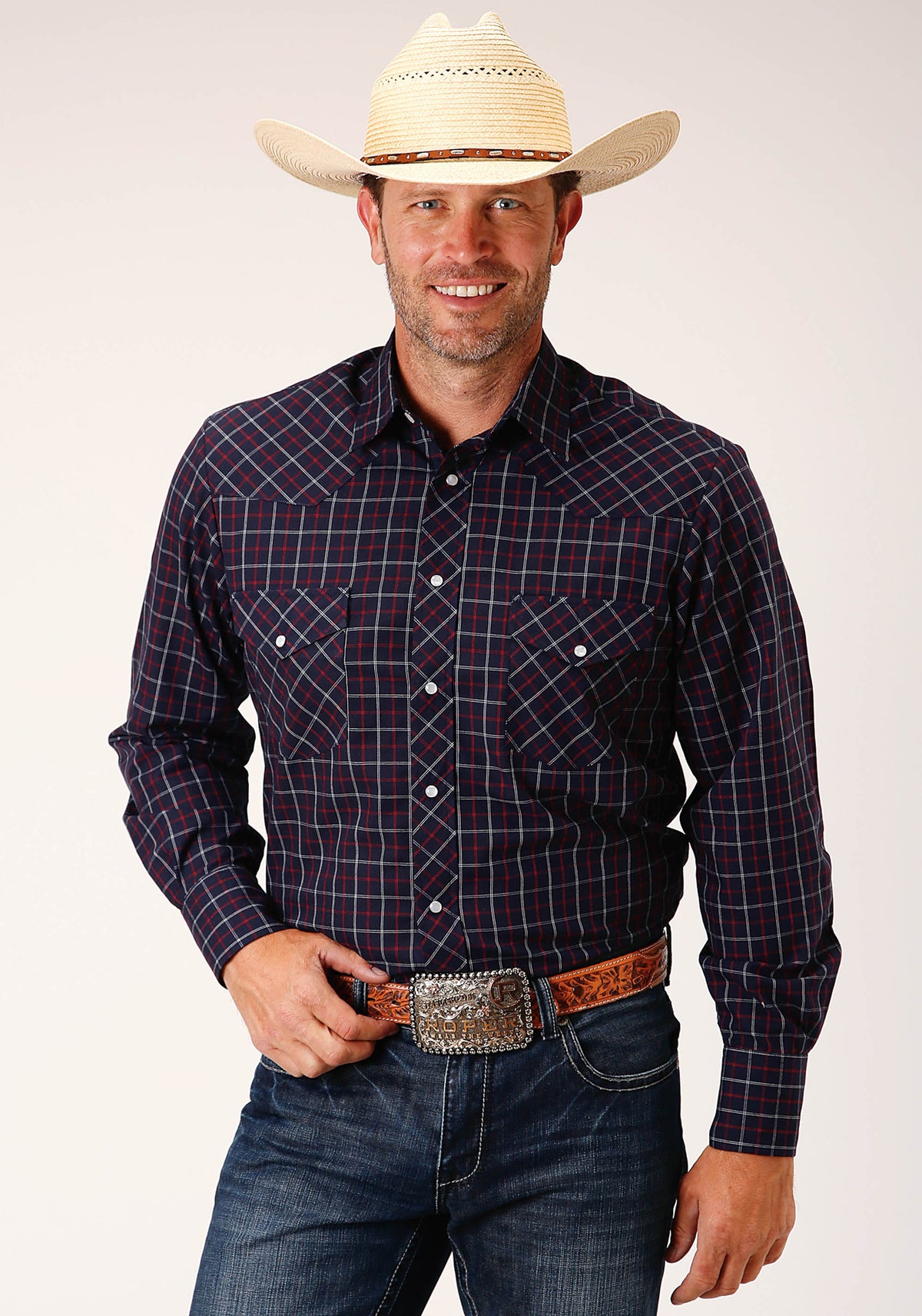 Roper Mens Navy/Red/White Long Sleeve Snap Shirt
