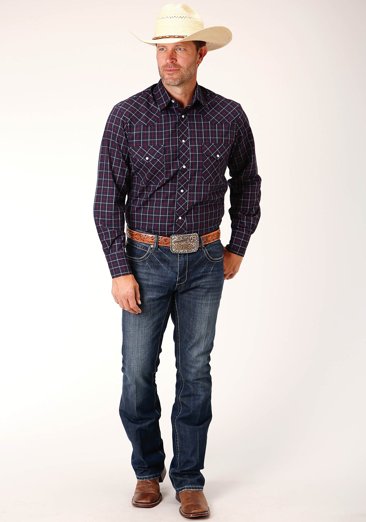 Roper Mens Navy/Red/White Long Sleeve Snap Shirt