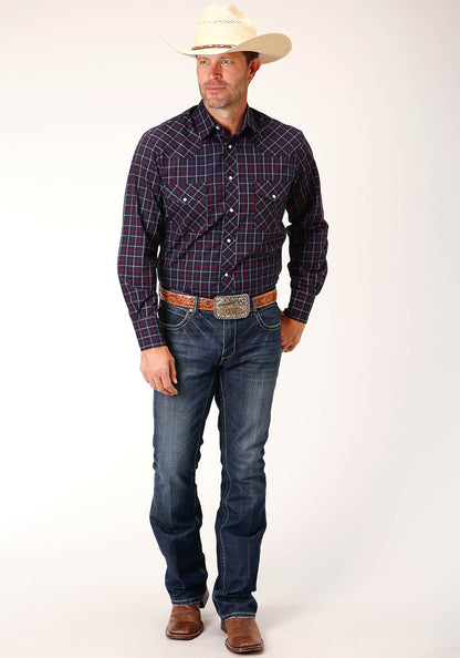 Roper Mens Navy/Red/White Long Sleeve Snap Shirt