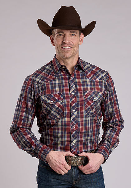 Roper Long Sleeve Snap Woven Plaid Navy/Wine/Tan