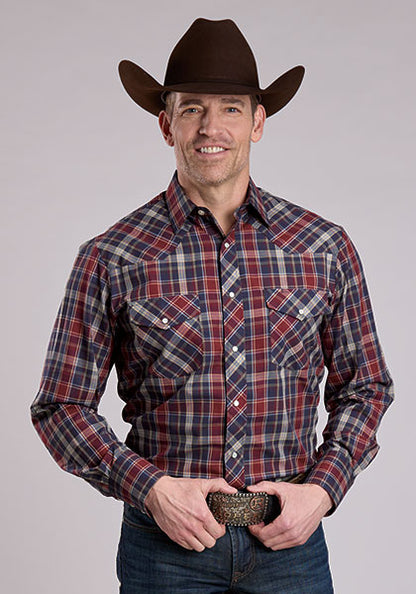 Roper Long Sleeve Snap Woven Plaid Navy/Wine/Tan