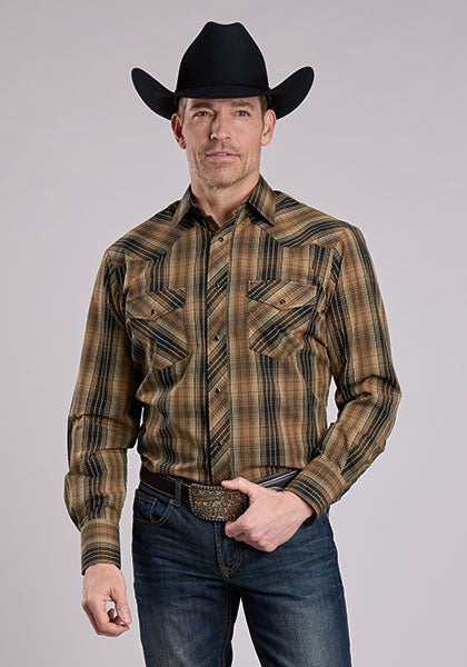 Roper Long Sleeve Snap Woven Plaid Brown/Black/Tan