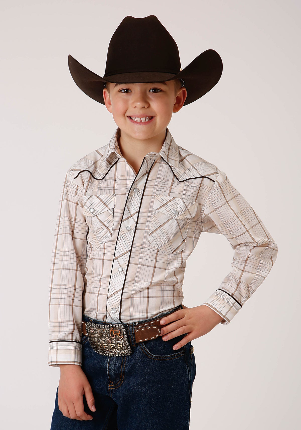 Roper Kids Buffalo Embroidered Plaid Long Sleeve Snap Shirt
