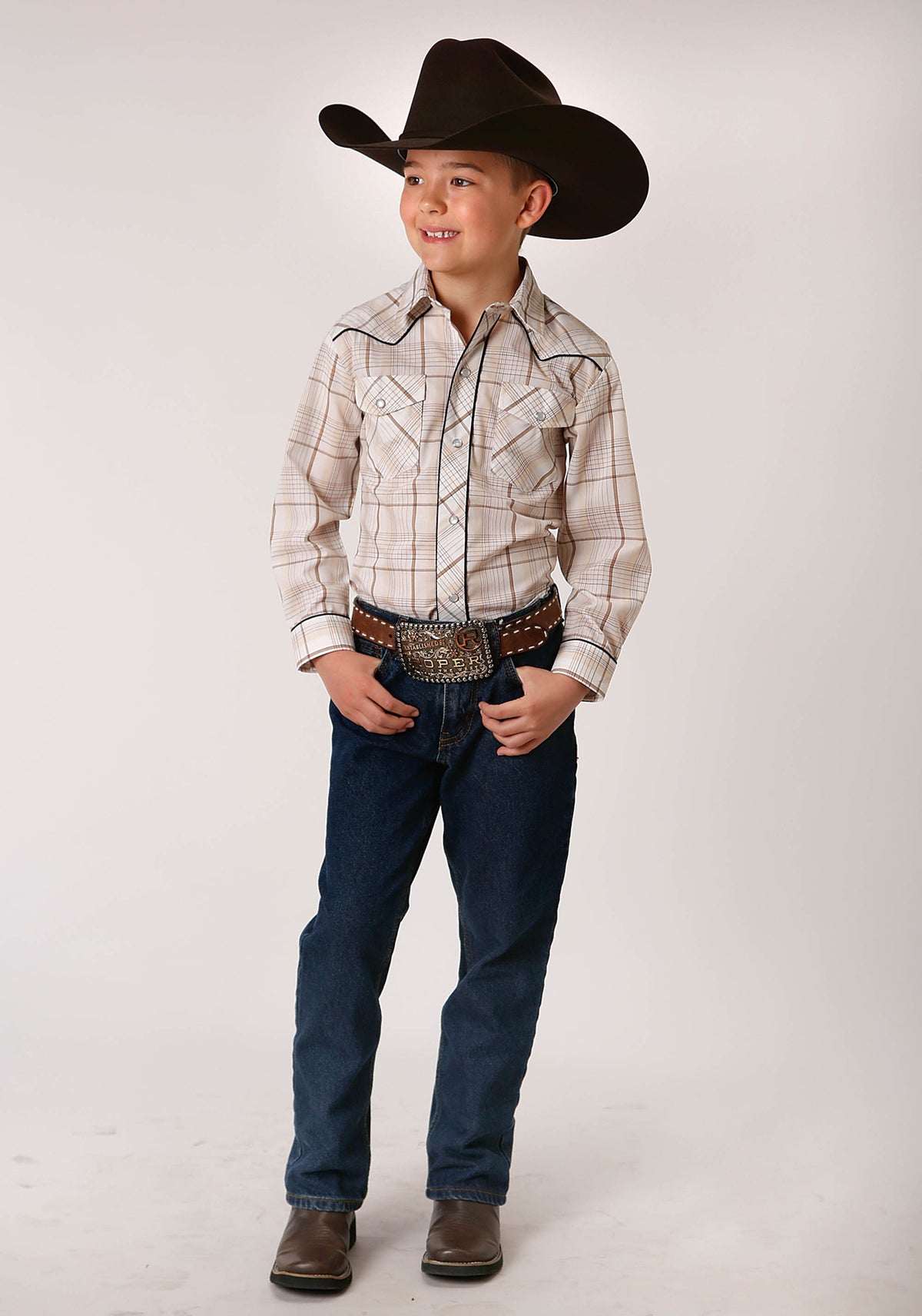 Roper Kids Buffalo Embroidered Plaid Long Sleeve Snap Shirt