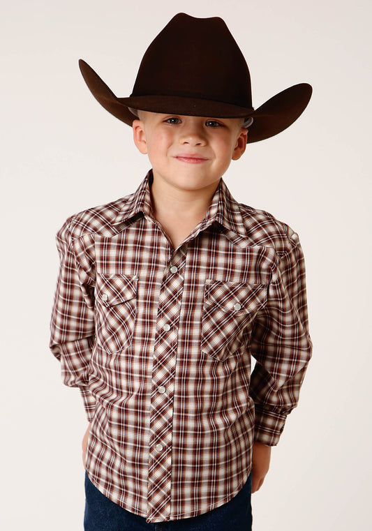 Roper Kids Wine/Cream/Tan Long Sleeve Snap Shirt