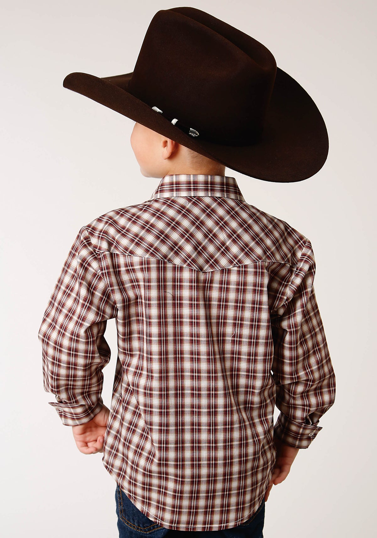 Roper Kids Wine/Cream/Tan Long Sleeve Snap Shirt
