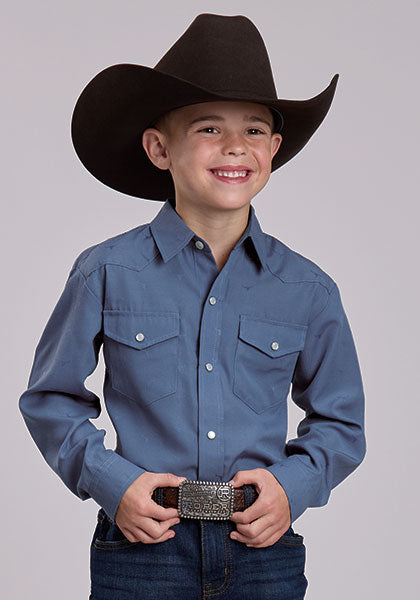 Roper Kids Tonal Steerhead Print Long Sleeve Snap Shirt Blue