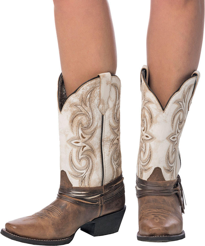 Laredo Myra White Crackle/Ankle Fringe Sq Toe