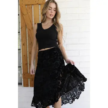 Angie Burnout Velvet Side Slit Ruffle Skirt Black