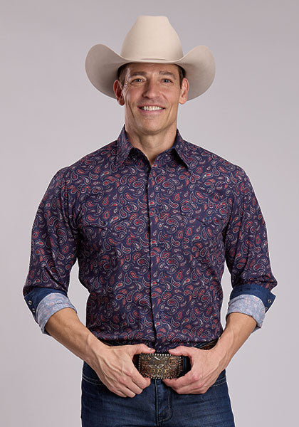 Roper West Made Long Sleeve Snap Paisley Stamps Blue