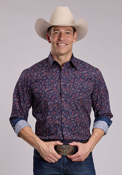Roper West Made Long Sleeve Snap Paisley Stamps Blue