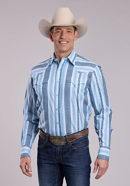 Roper West Made Vertical Stripe Blue Long Sleeve Shirt