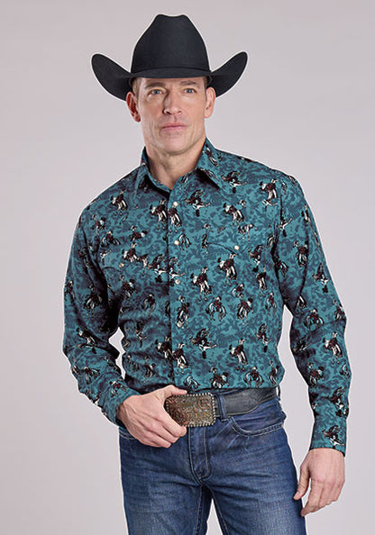 Roper Vintage Bronc Print Blue Long Sleeve Snap Shirt