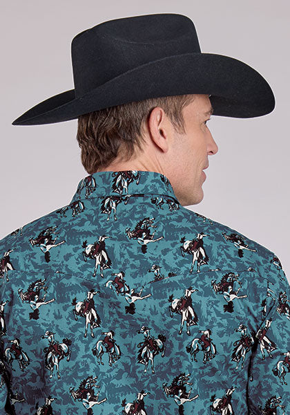 Roper Vintage Bronc Print Blue Long Sleeve Snap Shirt