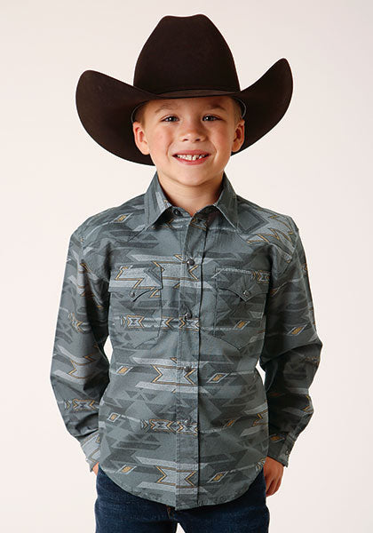 Roper Horizontal Aztec Print Grey Long Sleeve Snap