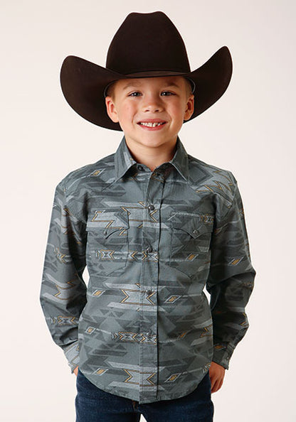 Roper Horizontal Aztec Print Grey Long Sleeve Snap