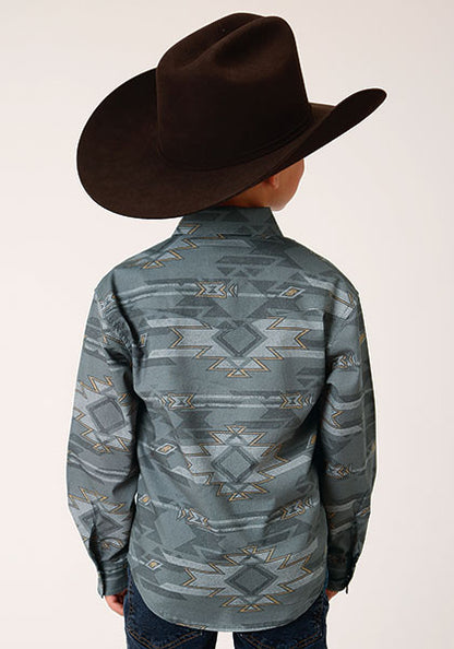 Roper Horizontal Aztec Print Grey Long Sleeve Snap