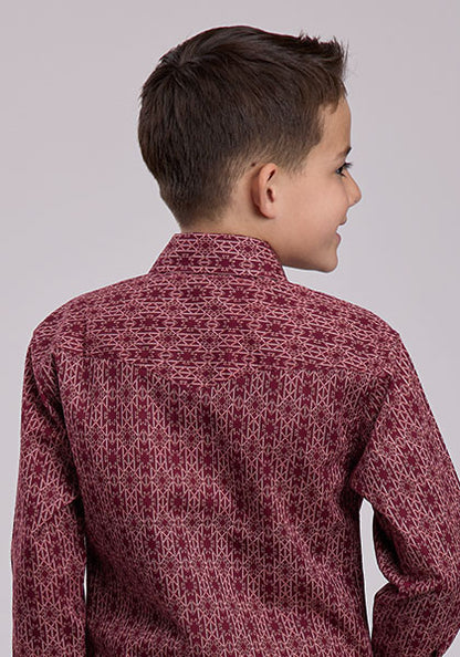 Roper Kids Aztec Print Long Sleeve Snap Shirt Red