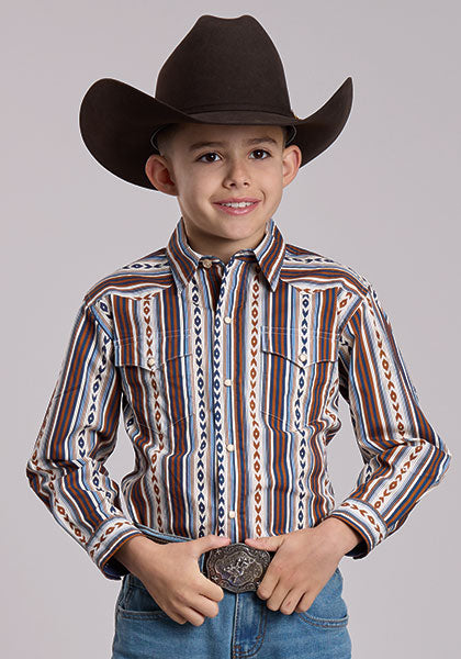 Roper Kids West Made Vintage Vertical Aztec Print Long Sleeve Shirt