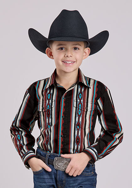 Roper Kids Vintage Vertical Stipe Print Black Long Sleeve Snap Shirt