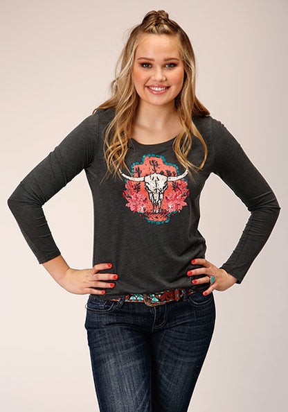Roper Cow Skull Jersey Tee Grey