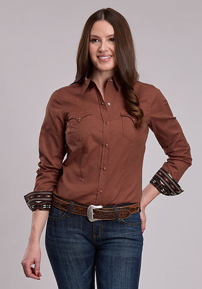 Roper Ladies West Made Solid Sienna Brown Long Sleeve Snap Shirt