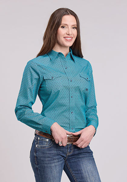 Roper Amarillo All Over Print Turquoise Long Sleeve Snap