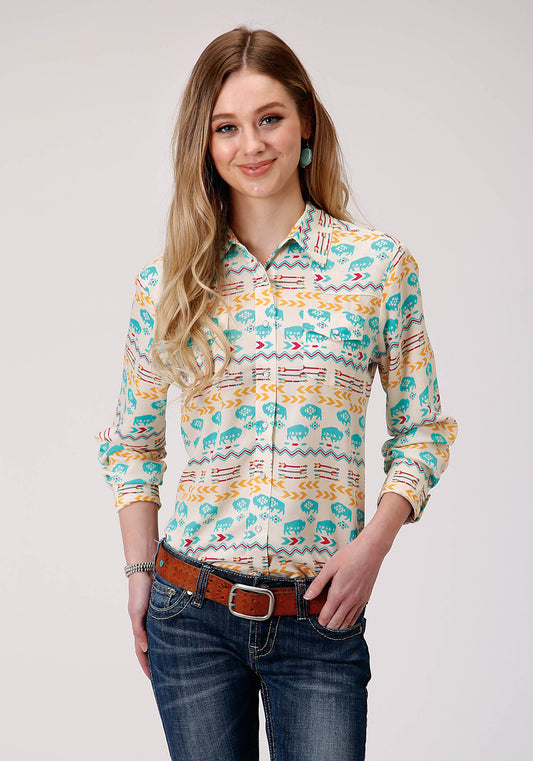 Roper Buffulo Roam Print Long Sleeve Snap Shirt